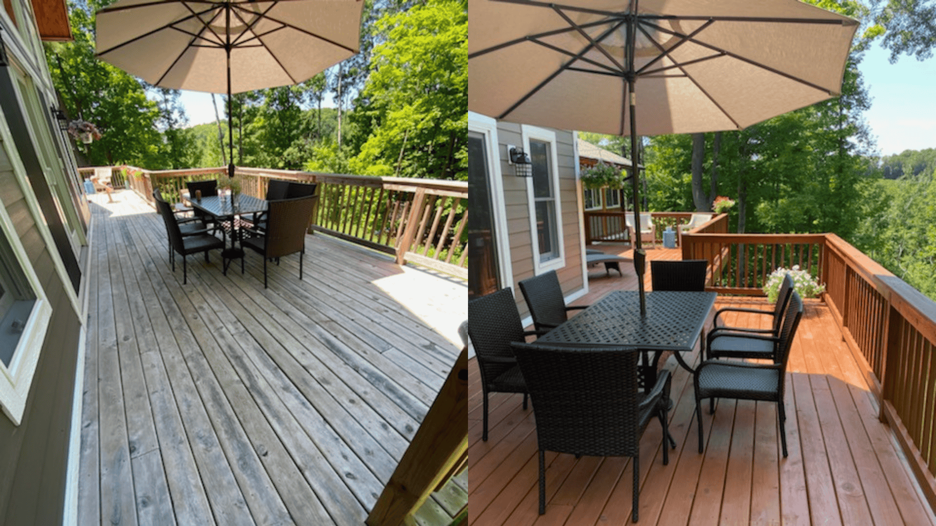 Before and after deck staining by The Wash Doctor in Northern Michigan — weathered gray deck restored to rich cedar finish