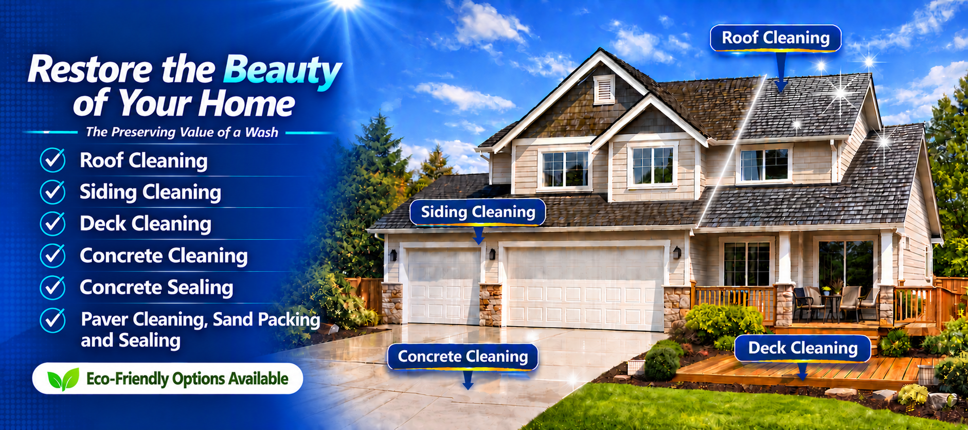 Restore the beauty of your home with the Wash Doctor's Exterior cleaning services. 